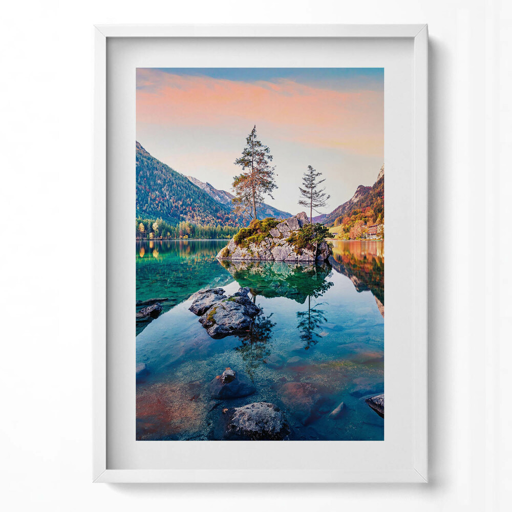 Függőleges kép keretben Tó hegyek fák naplemente