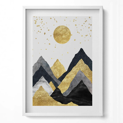 Függőleges kép keretben Aranyszínű hegyek és nap