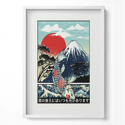 Függőleges kép keretben Koi hal hegy naplemente