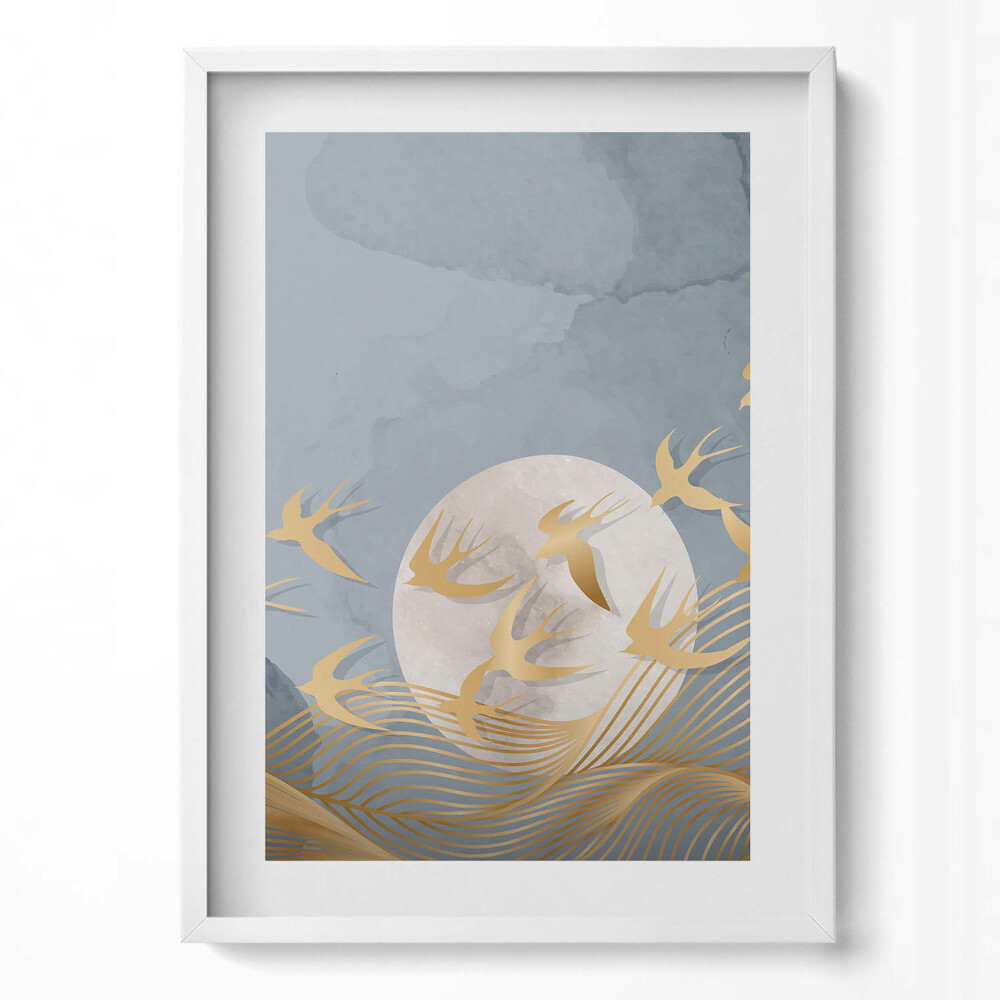 Függőleges kép keretben Madarak a telihold körül