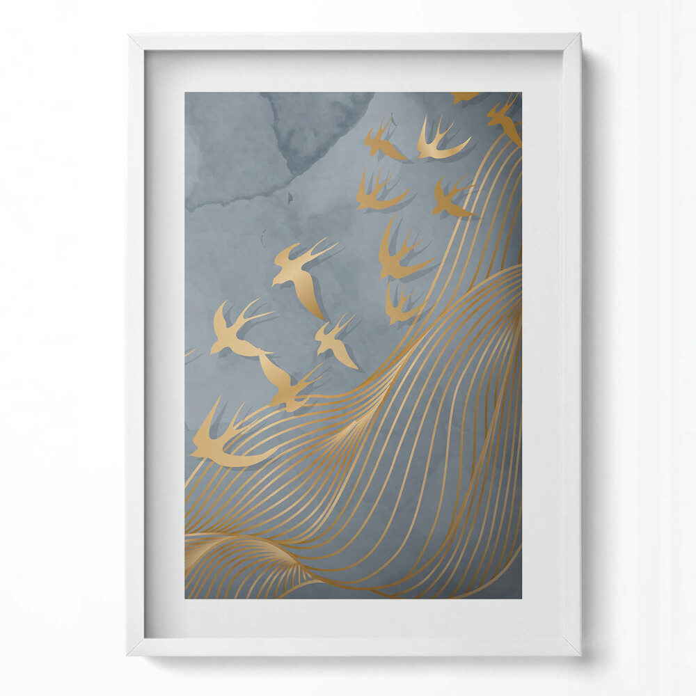 Függőleges kép keretben Arany madarak hullámzó háttéren