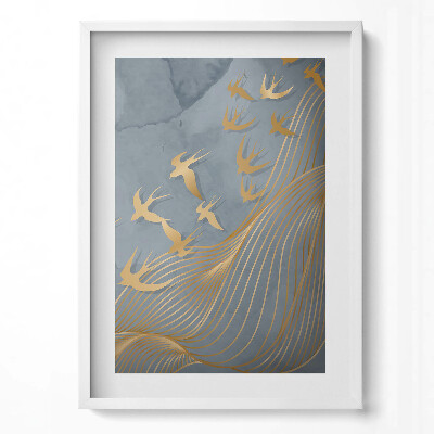 Függőleges kép keretben Arany madarak hullámzó háttéren