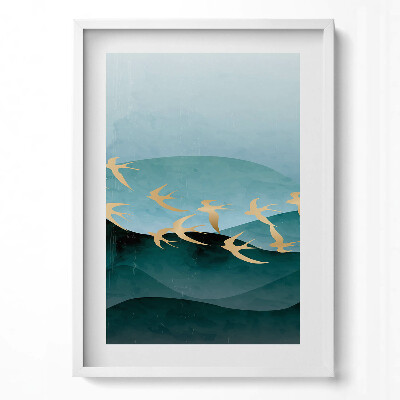 Függőleges kép keretben Absztrakt vízi táj aranymadarak