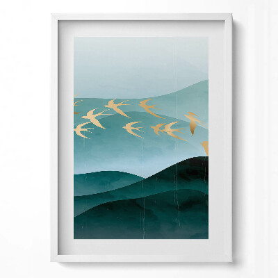 Függőleges kép keretben Absztrakt táj arany madarak