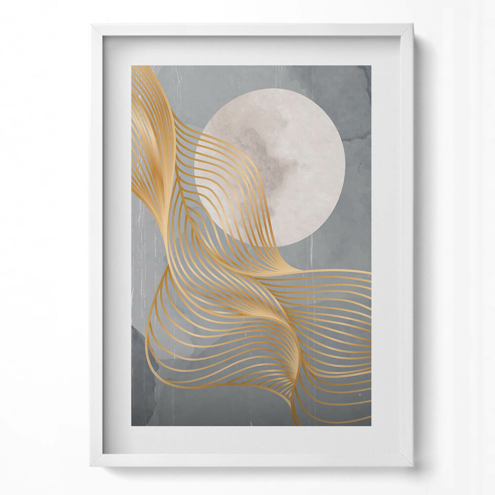 Függőleges kép keretben Absztrakt arany hullámok és világos hold