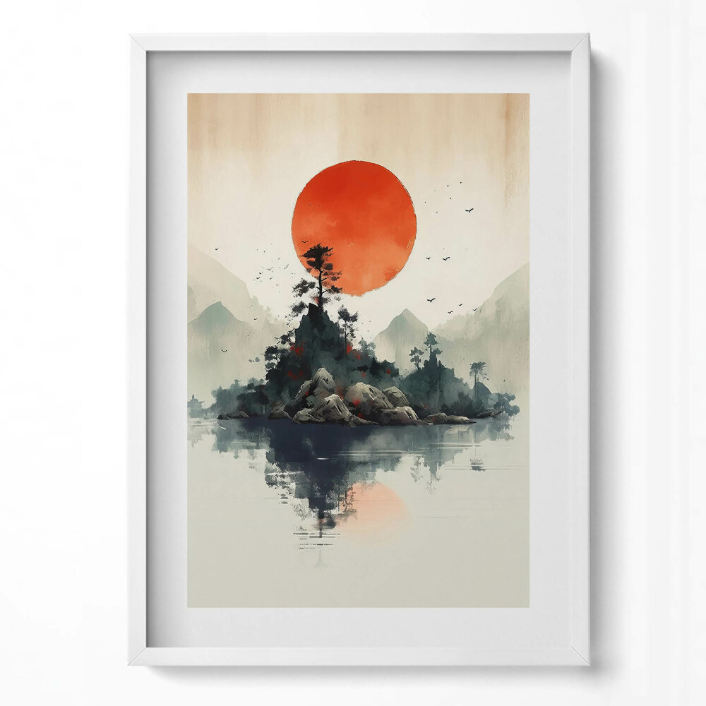 Függőleges kép keretben Naplemente hegyekkel és tükörképpel