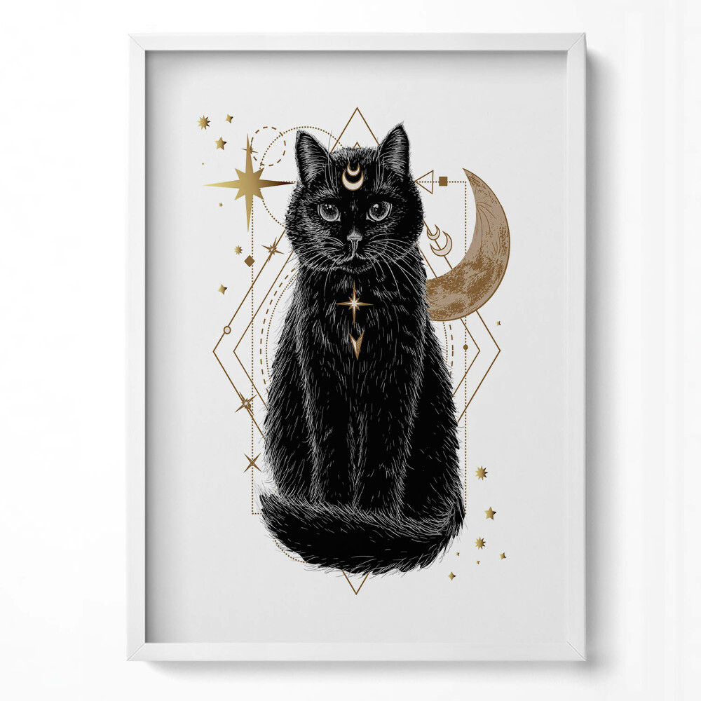 Függőleges kép keretben Fekete macska hold és csillagok