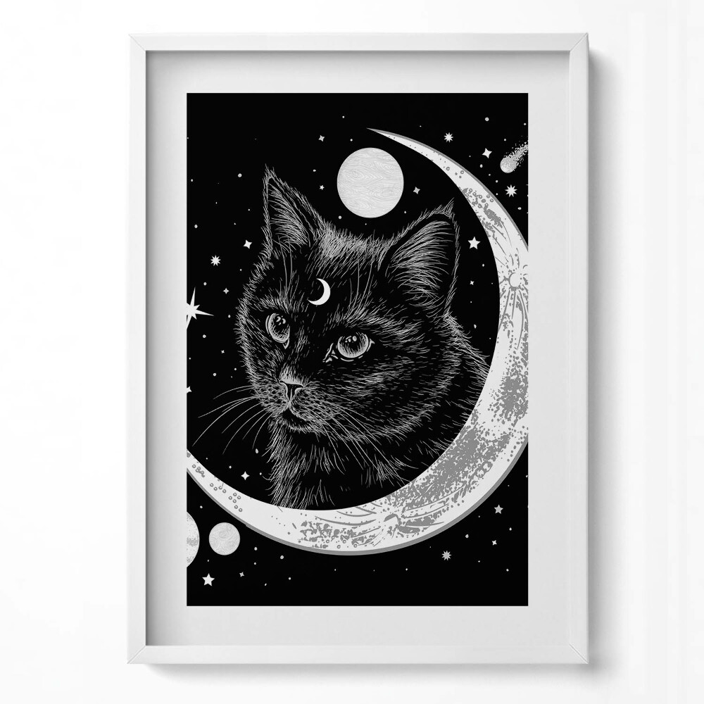 Függőleges kép keretben Fekete macska hold és csillagok