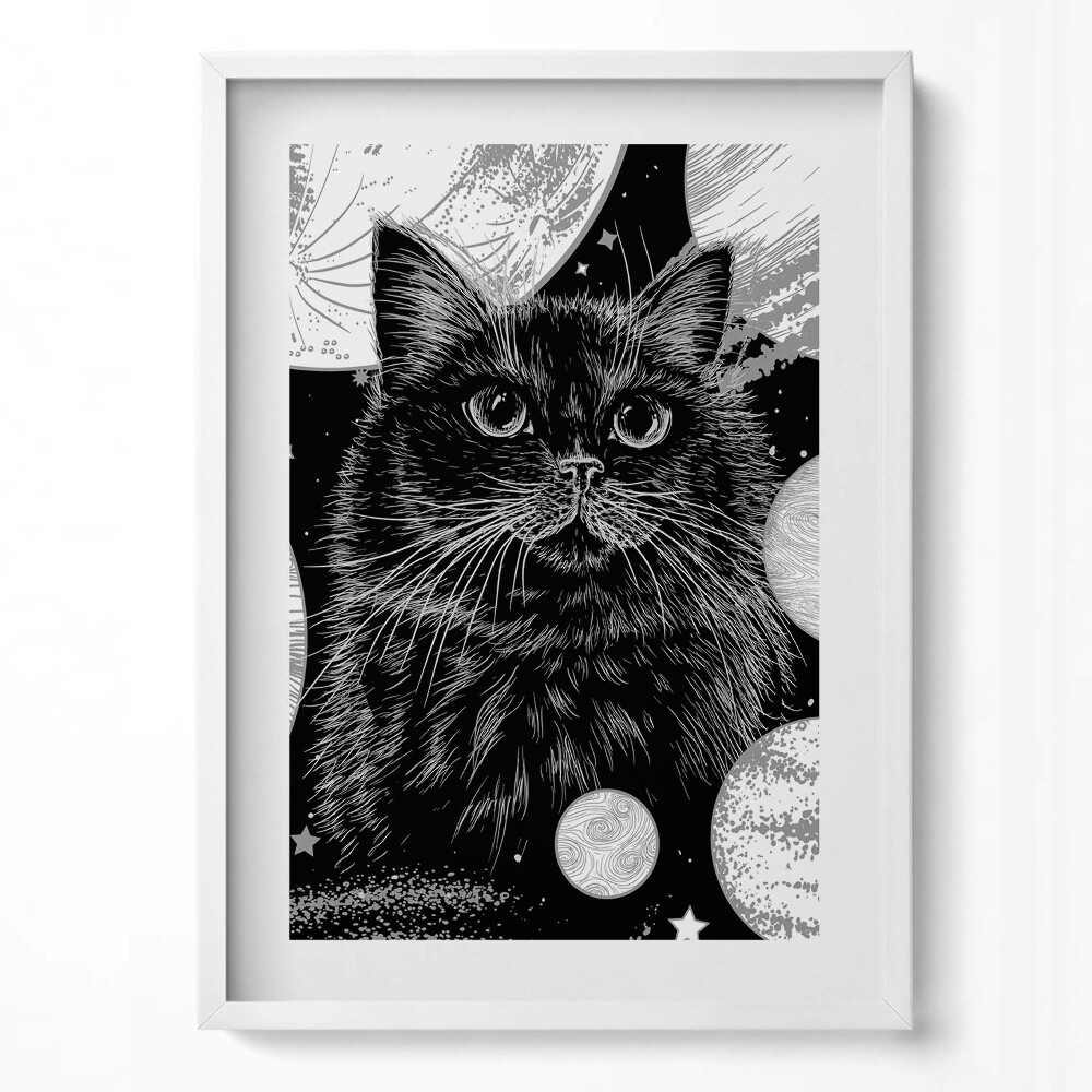 Függőleges kép keretben Fekete macska űrbeli háttér