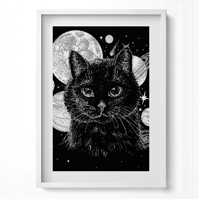 Függőleges kép keretben Fekete macska űrbeli háttérrel