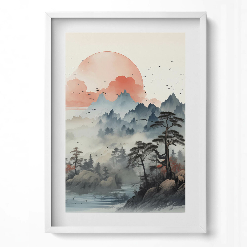 Függőleges kép keretben Hegyek tó naplemente keleti táj