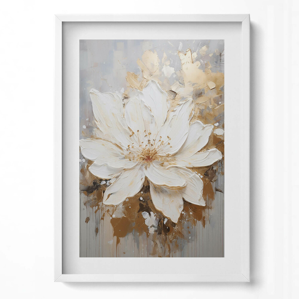 Függőleges kép keretben Fehér virág arany háttérrel