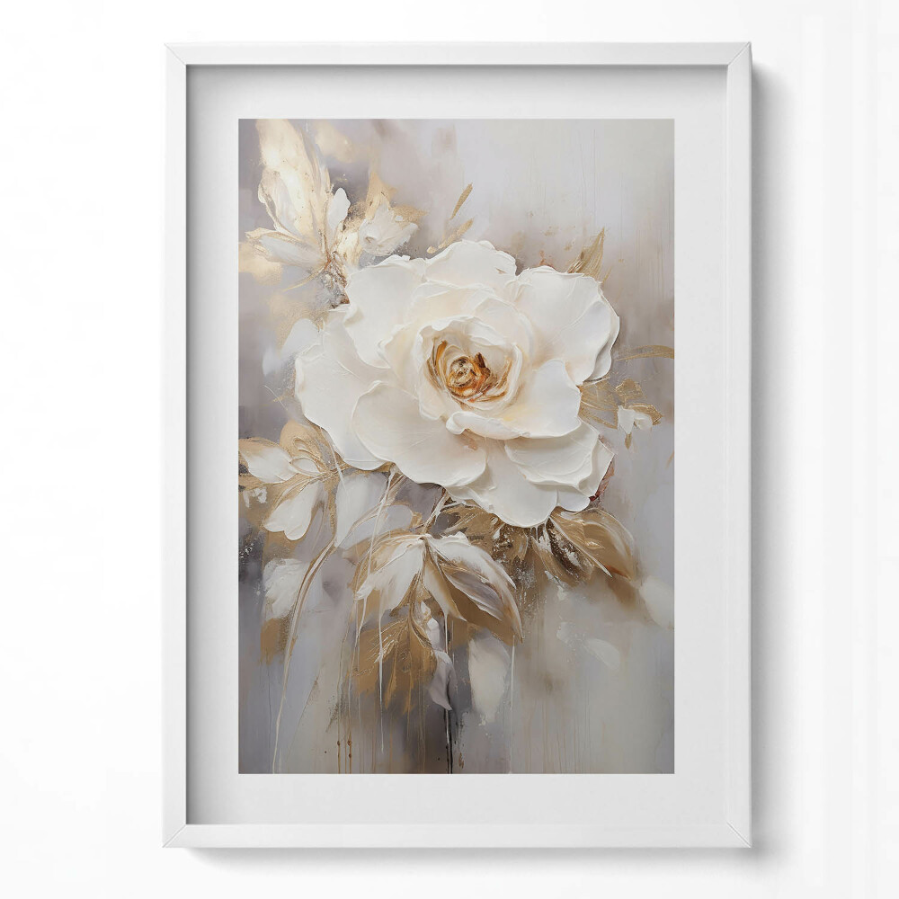 Függőleges kép keretben Fehér rózsa arany háttérrel