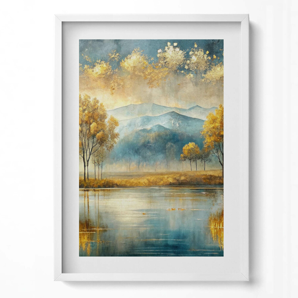 Függőleges kép keretben Tavaszi táj hegyek vízpart