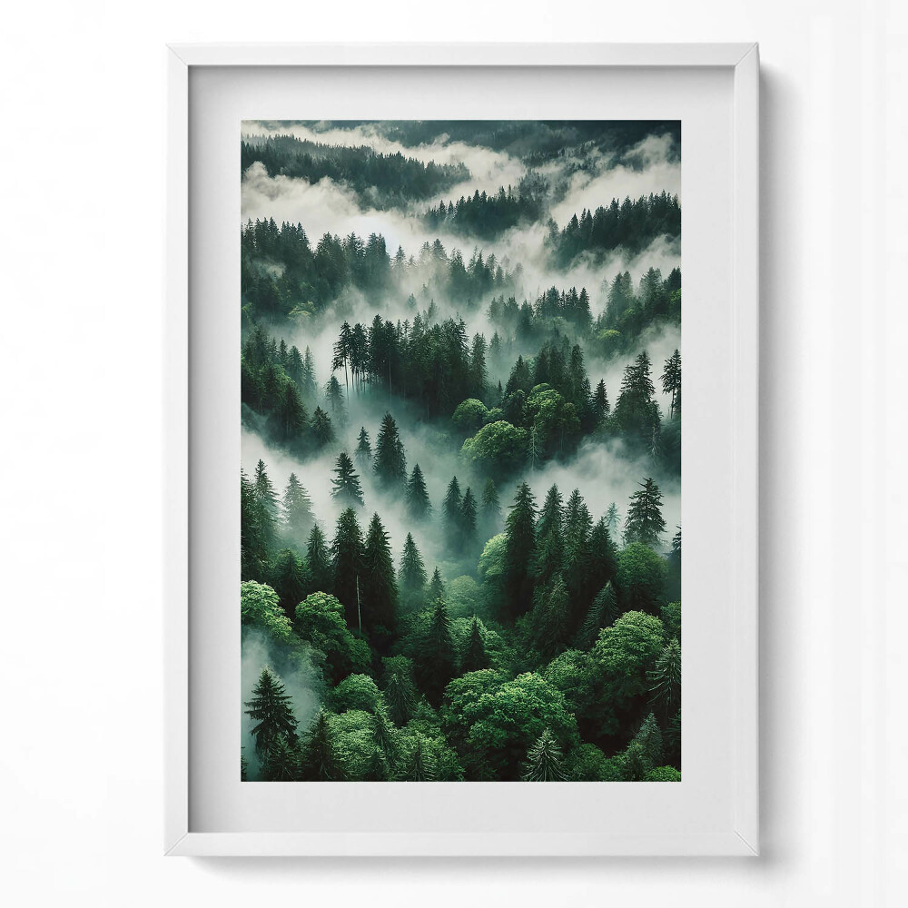 Függőleges kép keretben Zöld erdő ködben