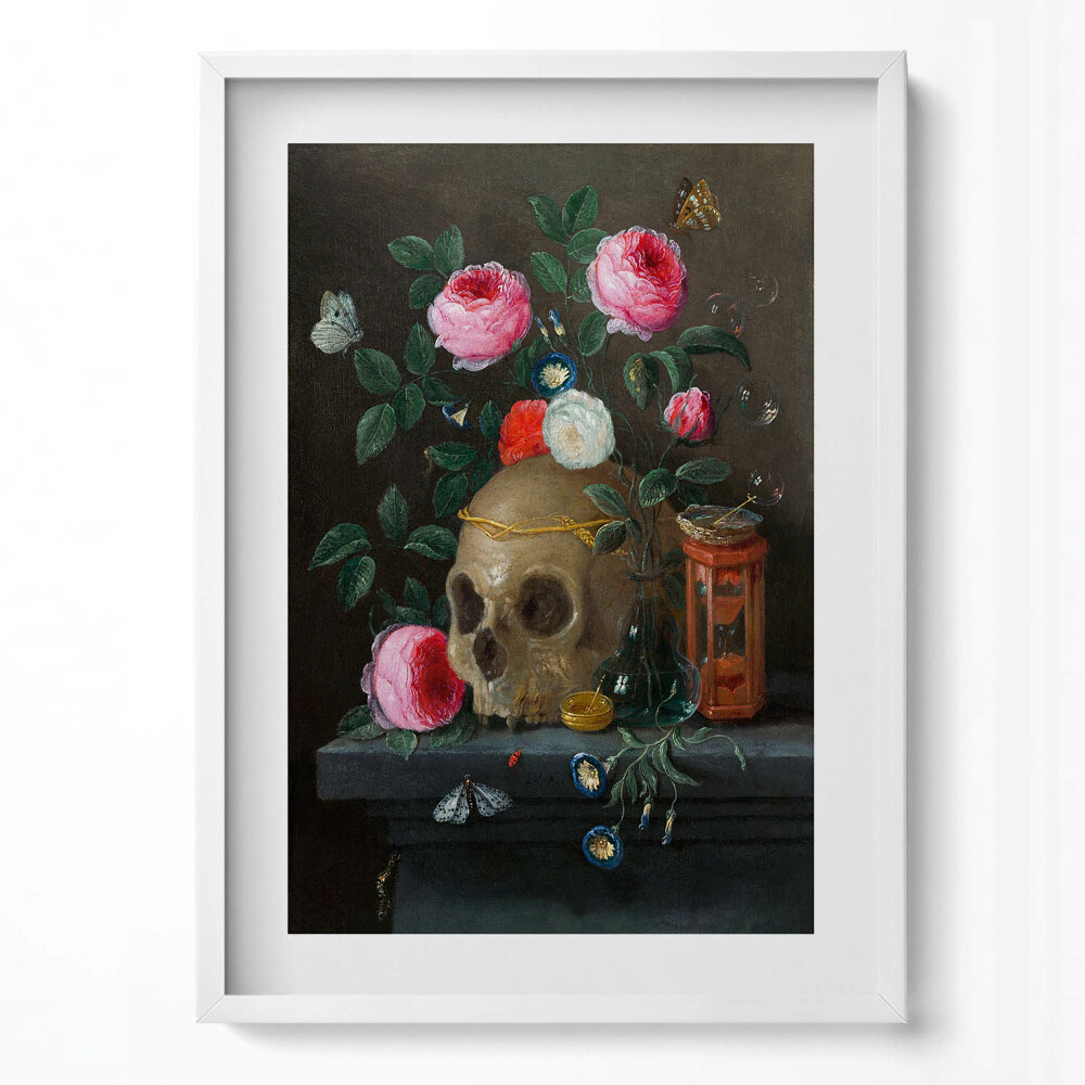 Függőleges kép keretben Rózsák és koponya stillleben
