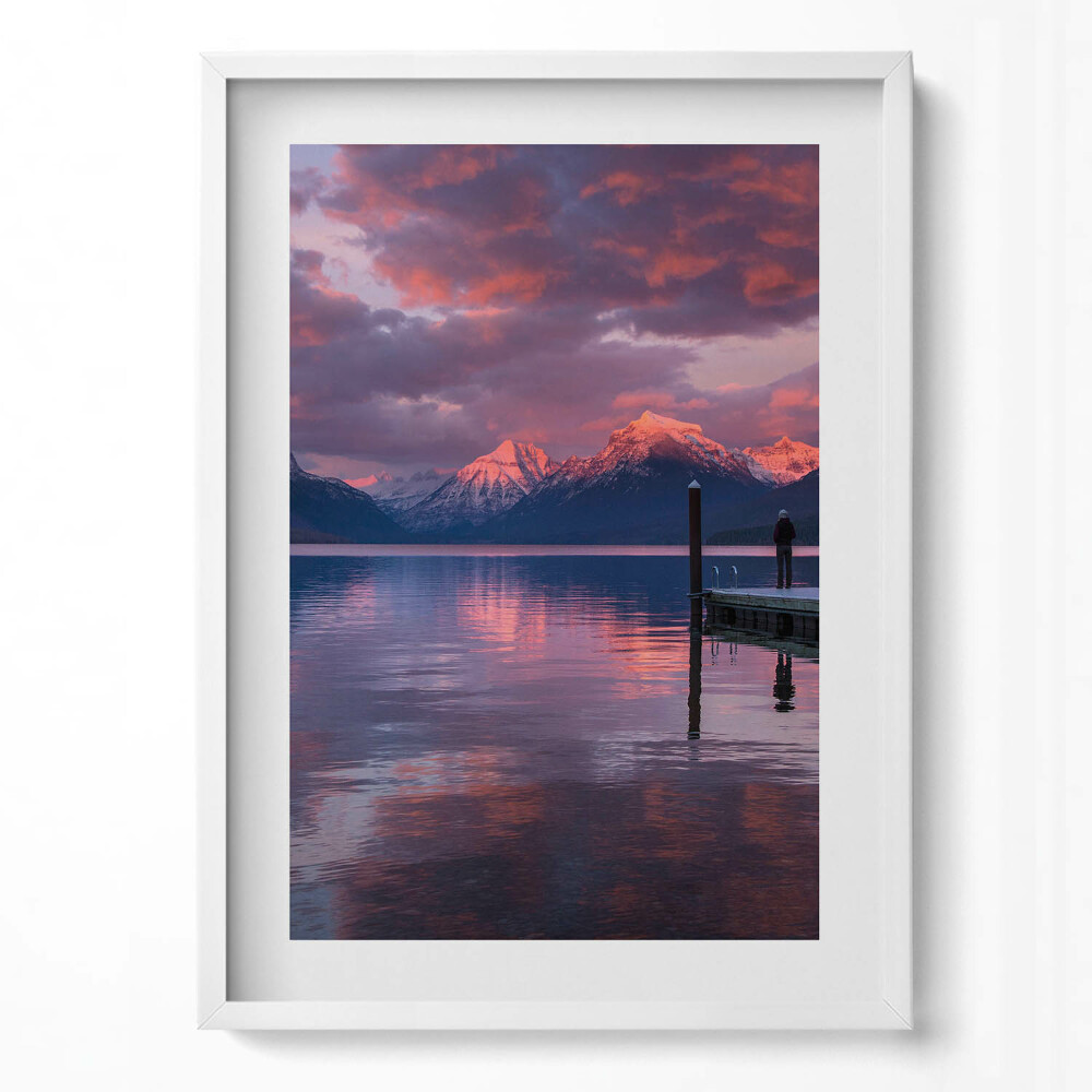 Függőleges kép keretben Tóparti hegyek naplementében