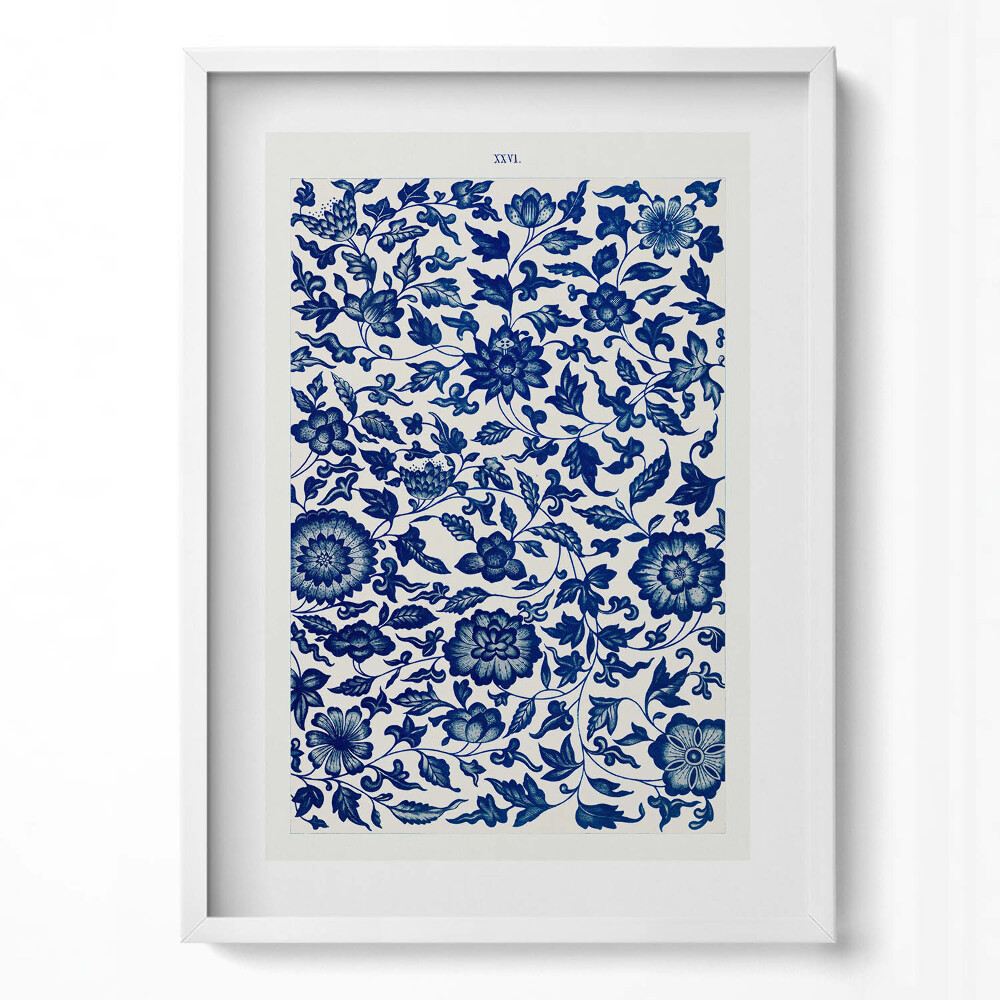 Függőleges kép keretben Virágos kék-fehér motívum