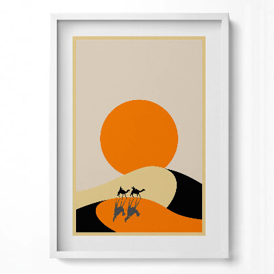 Függőleges kép keretben Két teve a sivatagban naplemente