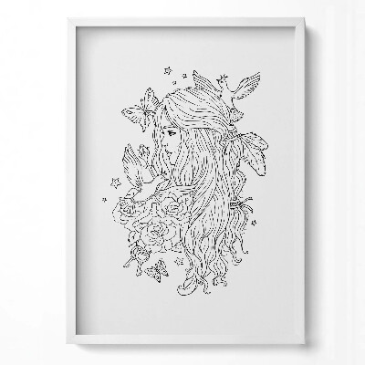 Függőleges kép keretben Virágok pillangók női alak