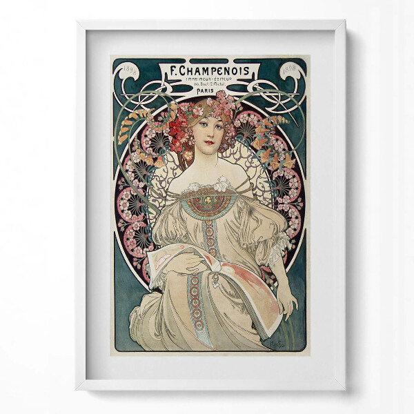 Függőleges kép keretben Art nouveau női alak virágokkal