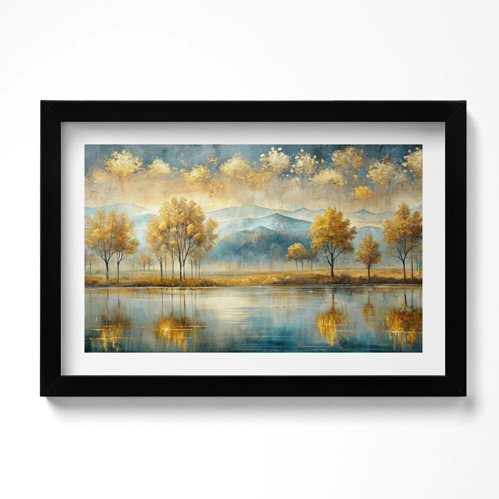 Kép keretben Absztrakt tájkép aranyló fákkal egy tavon