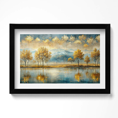 Kép keretben Absztrakt tájkép aranyló fákkal egy tavon