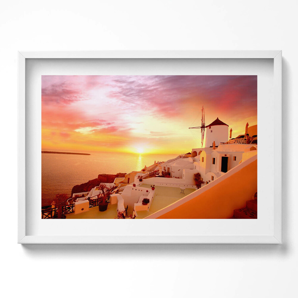 Kép keretben Naplemente fehér épületek szélmalom