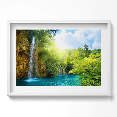 Kép keretben Zöld dombok vízesés kék tó