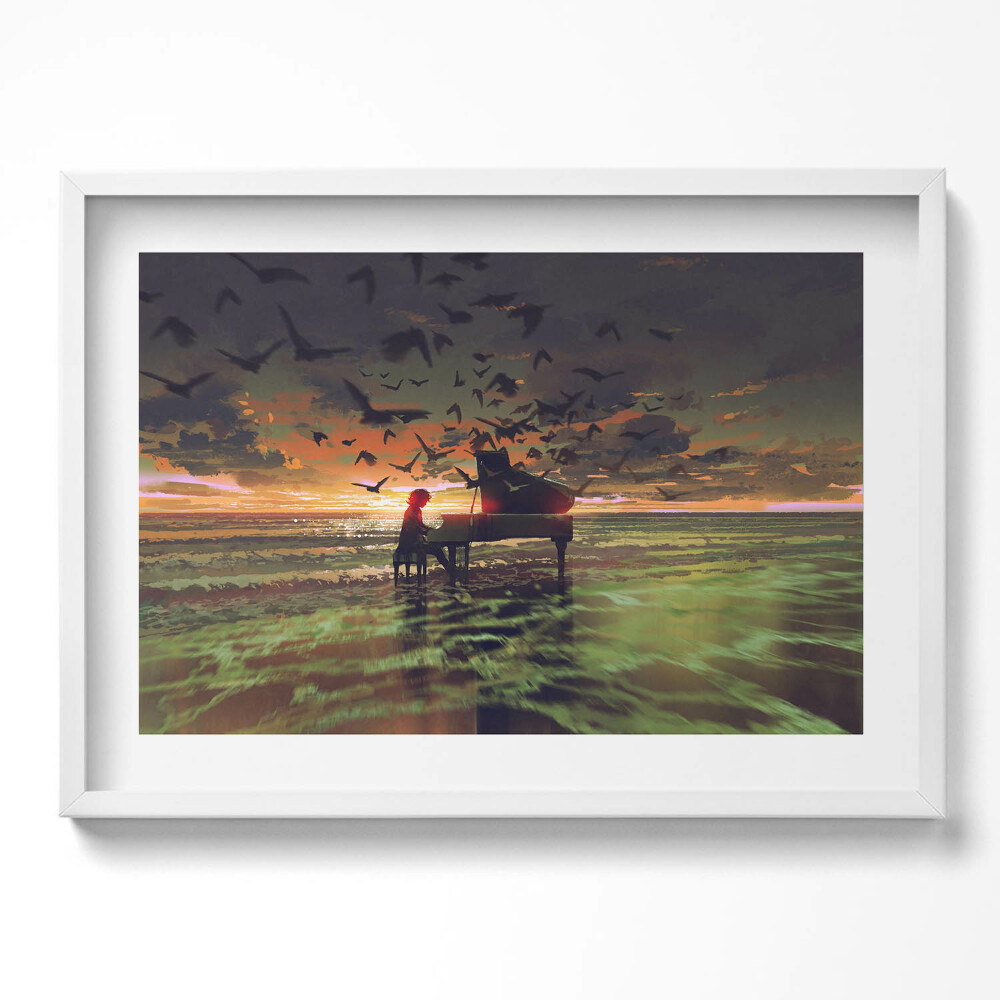 Kép keretben Zongorázó személy madarak naplemente