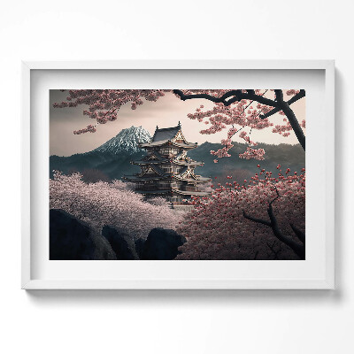 Kép keretben Japán templom virágzó cseresznyefákkal