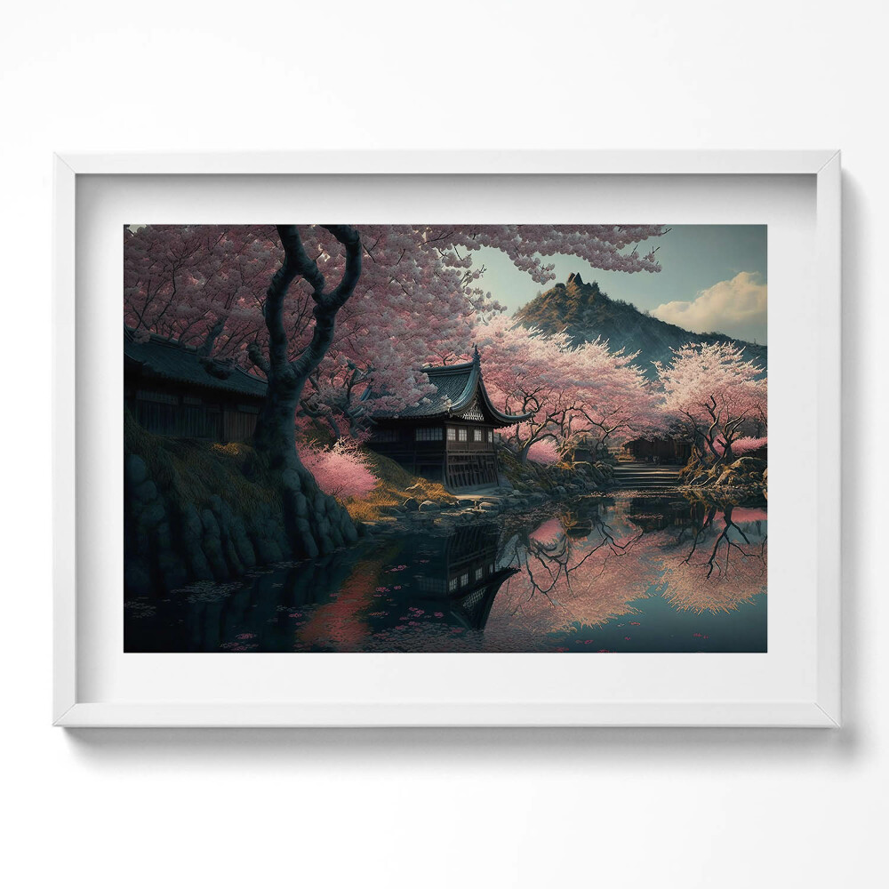 Kép keretben Tavaszi virágzás japán ház tó tükröződése