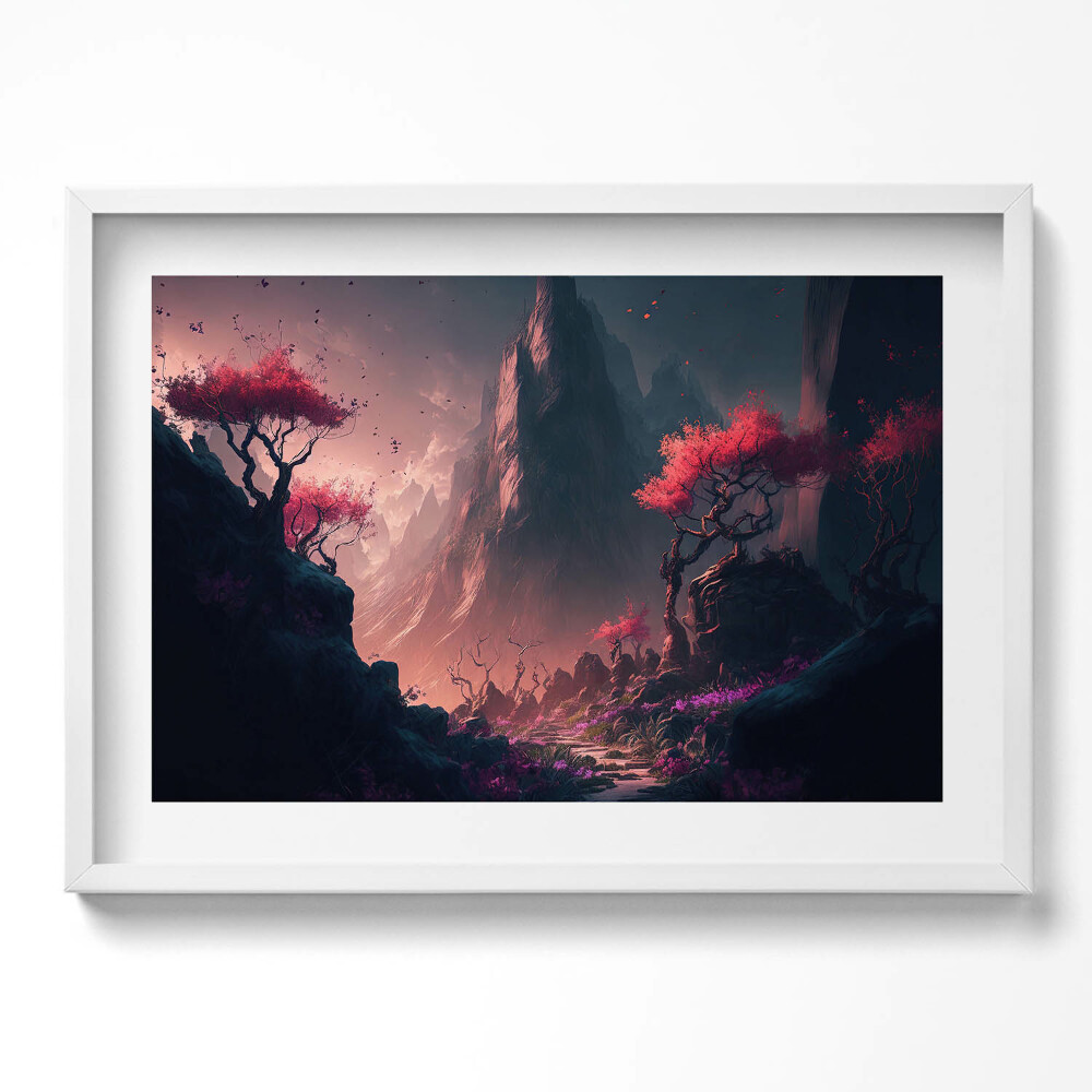 Kép keretben Hegyek virágzó fák misztikus táj