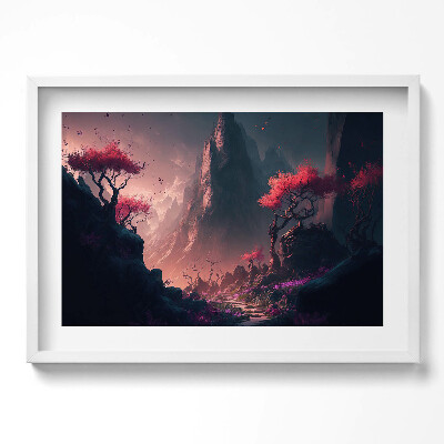 Kép keretben Hegyek virágzó fák misztikus táj