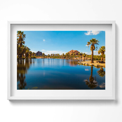 Kép keretben Tó pálmafák hegyek kék ég
