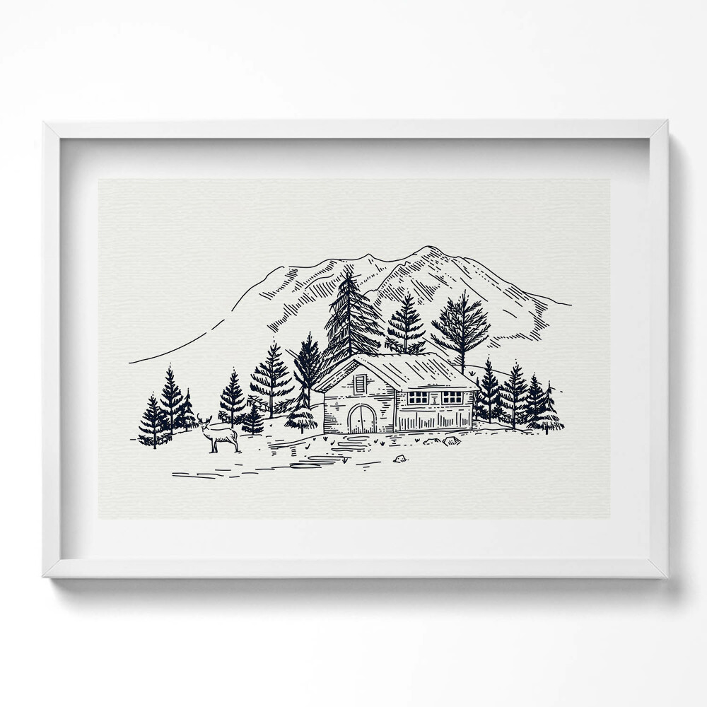 Kép keretben Hegyek erdő ház állatok