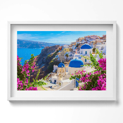 Kép keretben Fehér házak kék kupolák tengerparti táj