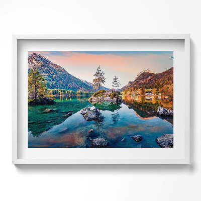 Kép keretben Tó hegyek fák naplemente