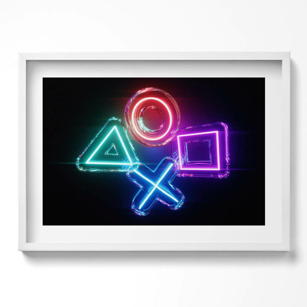 Kép keretben PlayStation ikonok neon stílusban