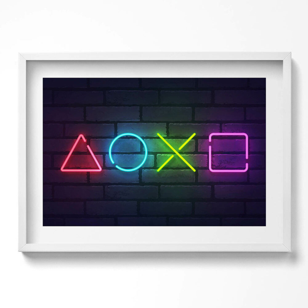 Kép keretben PlayStation ikonok neon stílusban