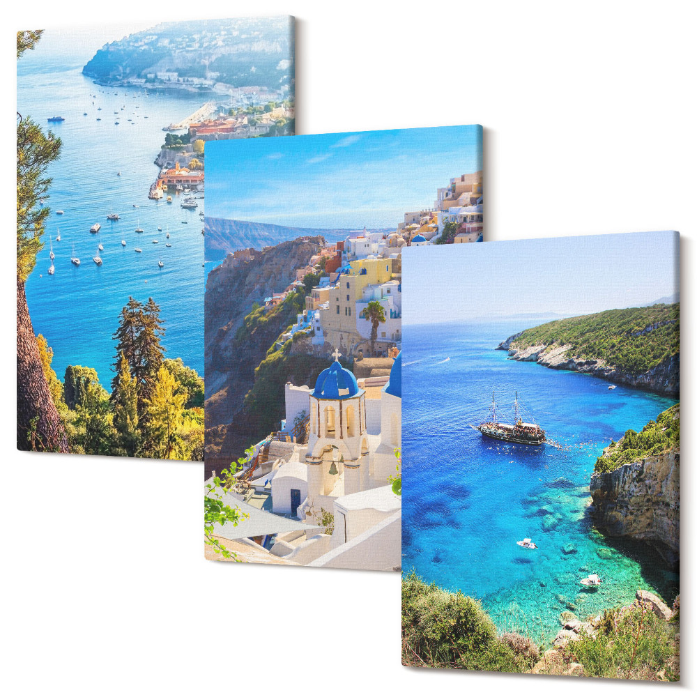 Háromrészes vászonkép szett Görög tengerparti kilátás és Santorini városa, Oia