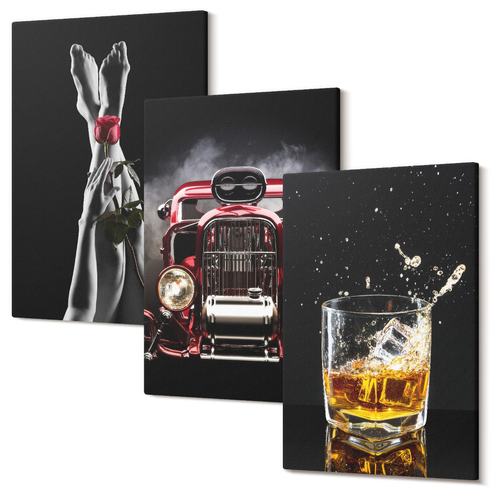 Háromrészes vászonkép szett Női lábak rózsával, régi autóval, egy pohár whiskyvel