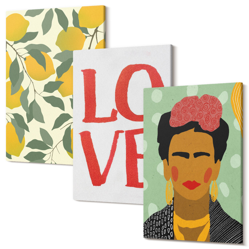 Háromrészes vászonkép szett Frida Kahlo portréja LOVE feliratú citromok