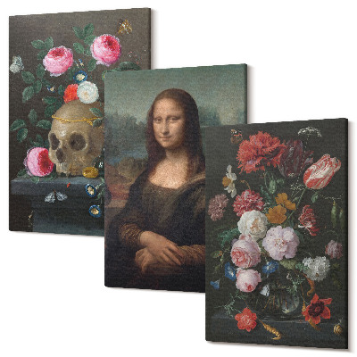 Falikép szett triptichon Vintage Flowers Skull and Mona Lisa Portré, Leonardo da Vinci
