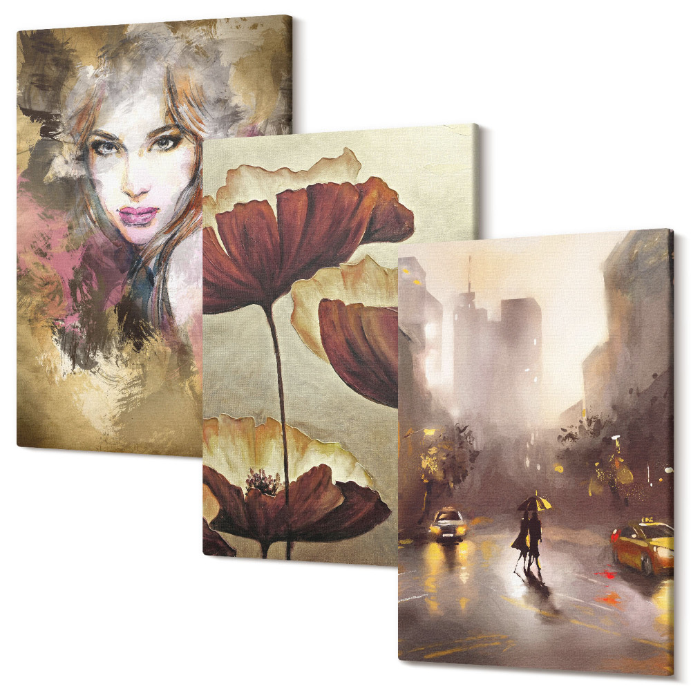 Háromrészes vászonkép szett Absztrakt portré egy nő, virágok, város az esőben
