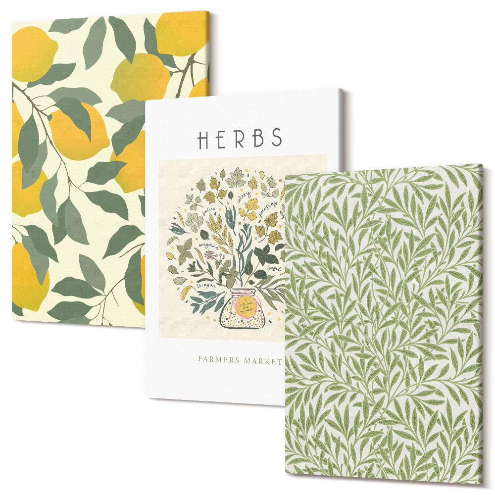 Kép szett triptichon Citrom motívumok gyógynövényekkel és növényi levelekkel