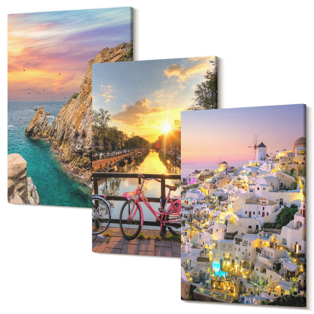 Háromrészes vászonkép szett Tengerparti kilátás naplementével és a várossal