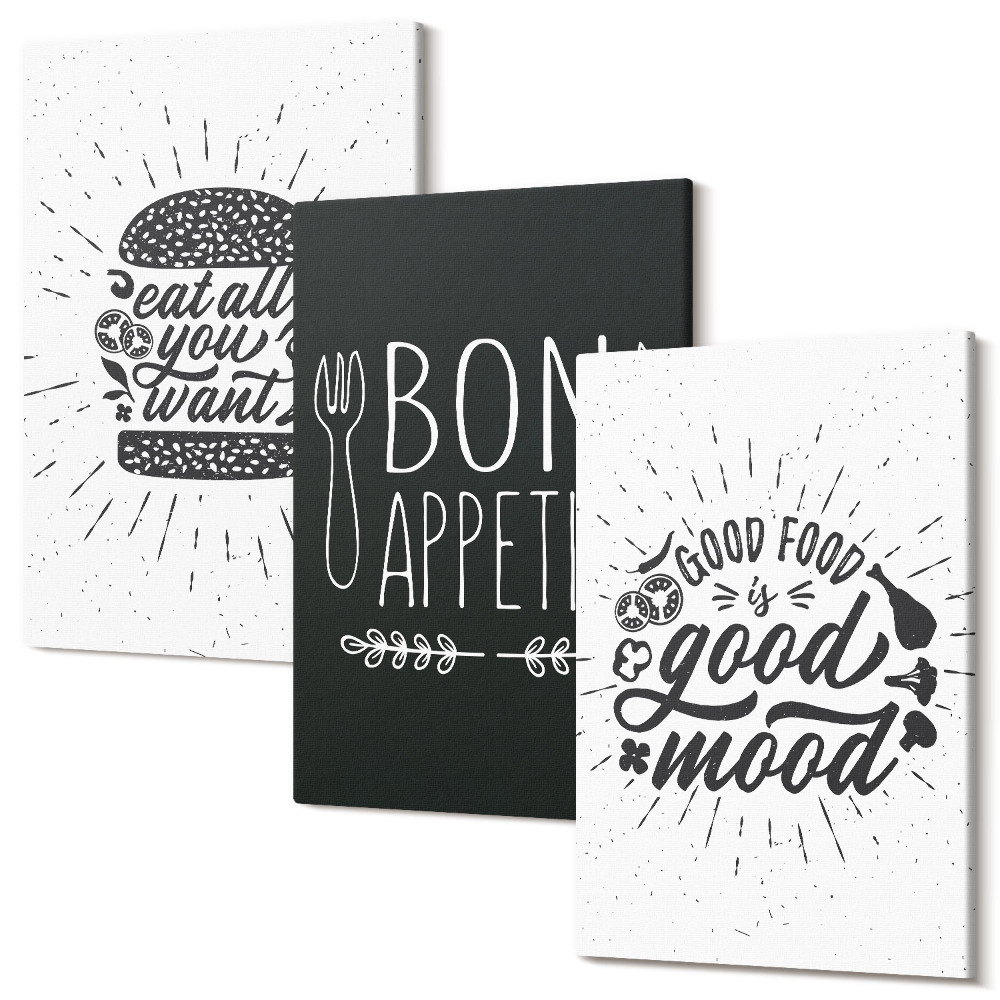 Kép szett triptichon Grafika ételekkel és kulináris szlogenekkel