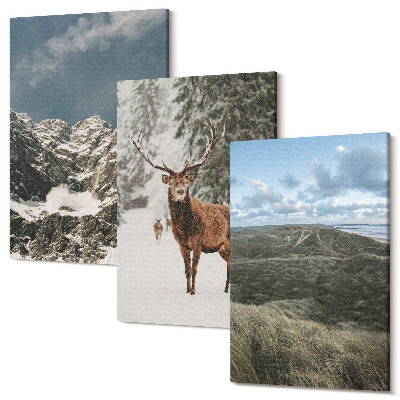 Falikép szett triptichon Hegyek hóval, szarvasok az erdőben, tájak