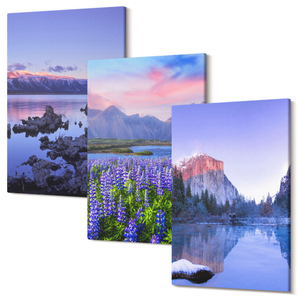 Háromrészes vászonkép szett Hegyi tájak vízzel, égbolttal és virágmezővel